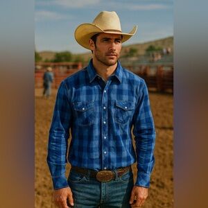 Age of wisdom Men's Blue Plaid Shirt pearl snaps large EUC